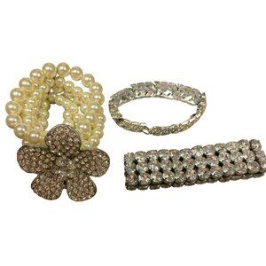 Vintage MCM Silver tone Rhinestone Bracelets, one with Flower and Faux Pearls